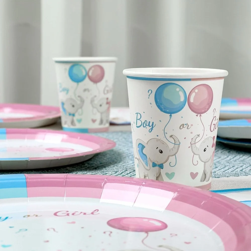 Baby Gender Decoration Kit 96 Pieces, Pink and Blue Plates Set, Boy or Girl Cups